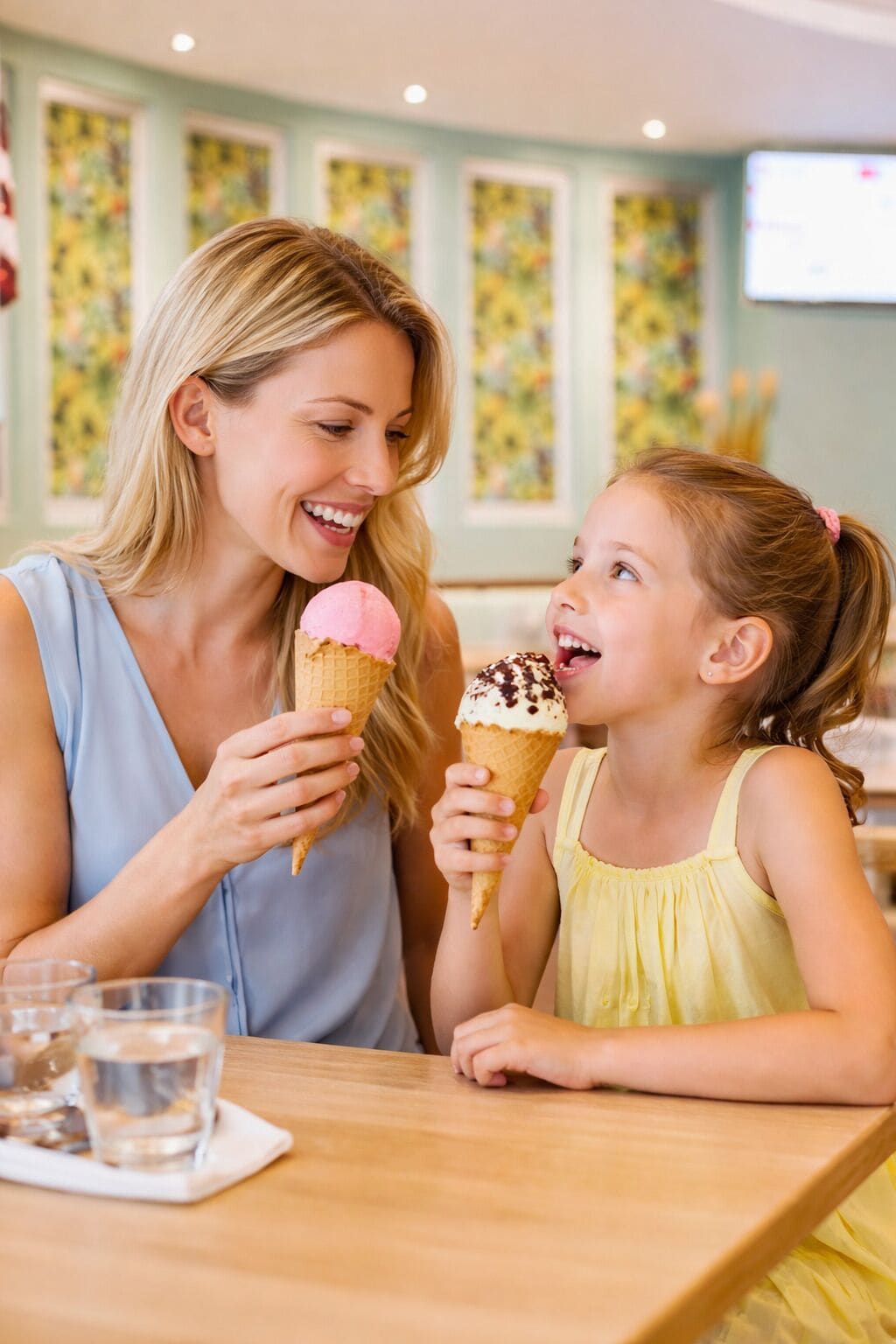 Una mujer y un niño en una mesa con helados.