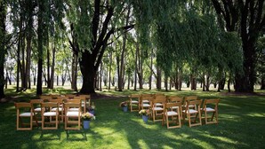 An outdoor seating area with wooden chairs arranged in rows, surrounded by trees. - Moruya Motel (Moruya)