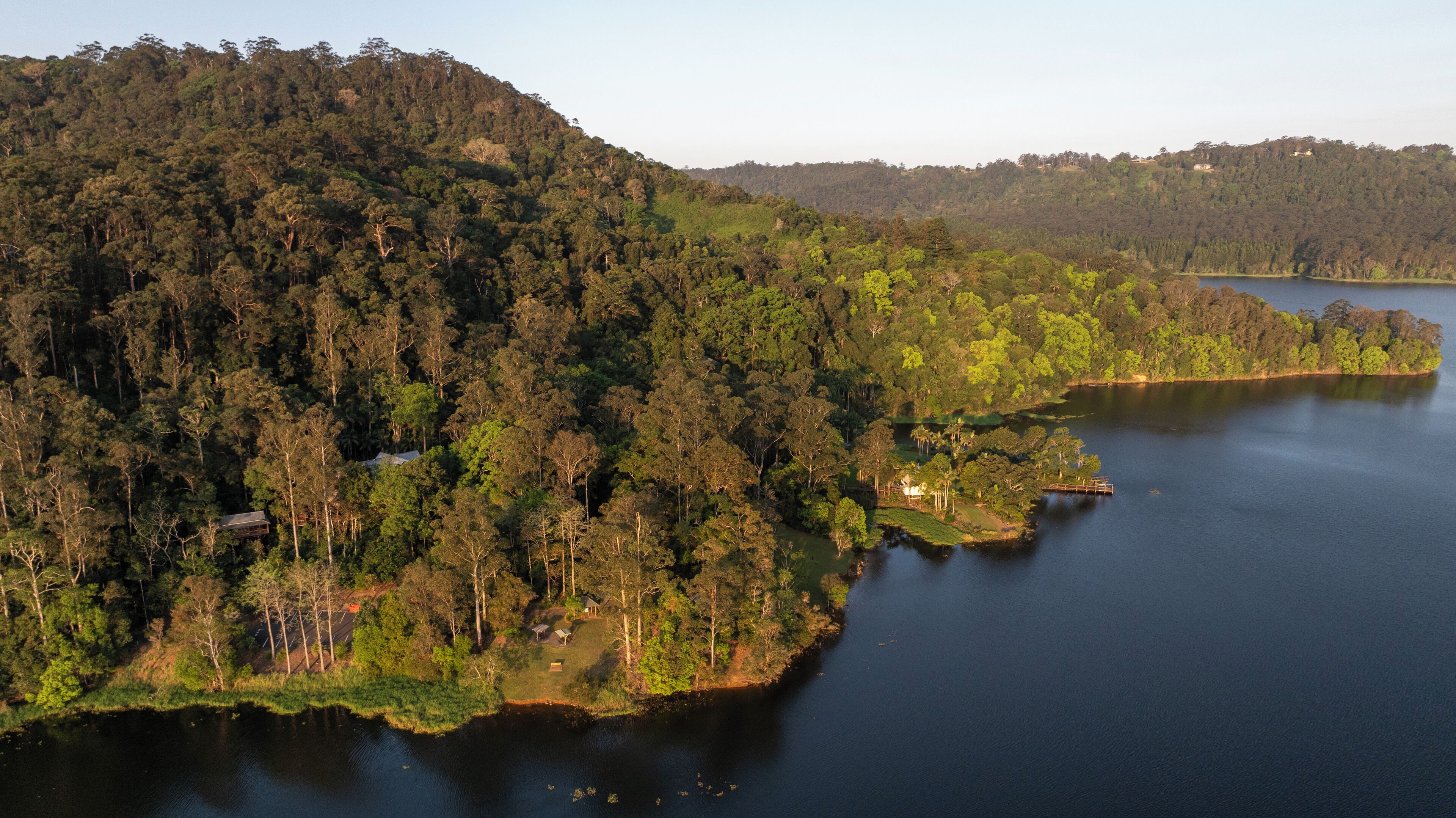 Un área boscosa con un lago y un pequeño muelle.