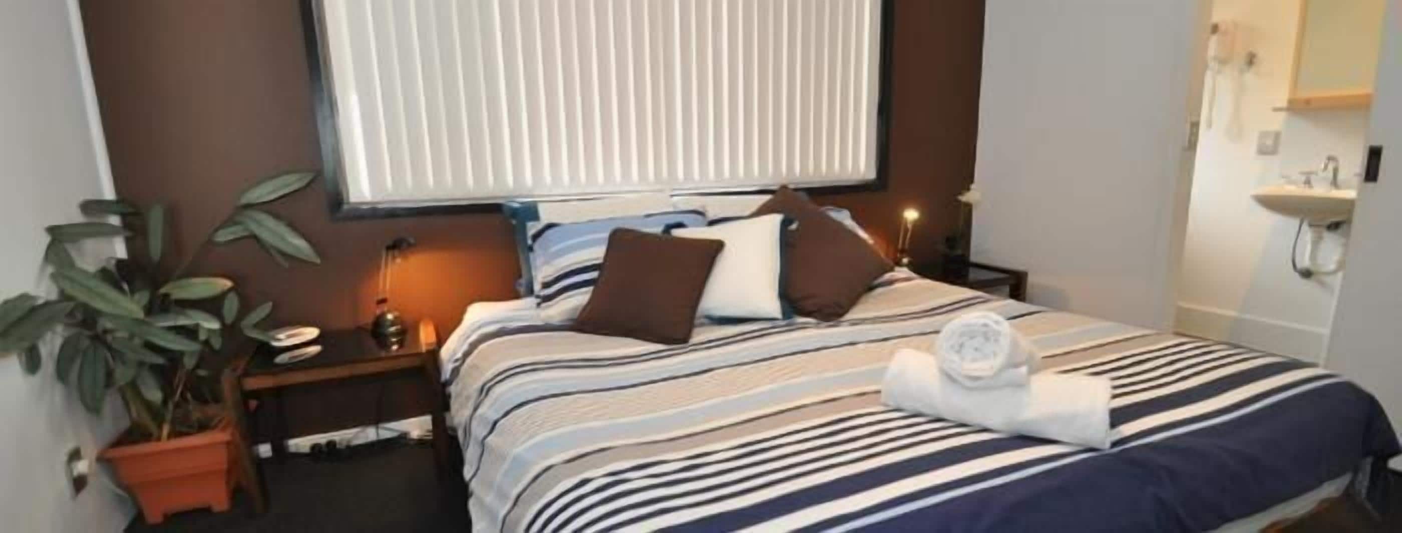 A hotel room with a bed, a nightstand, a lamp, a potted plant, and a window with blinds.