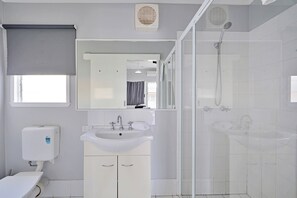 A bathroom with a sink, mirror, toilet, and shower. - Ned Kelly's Motel (Tinana)