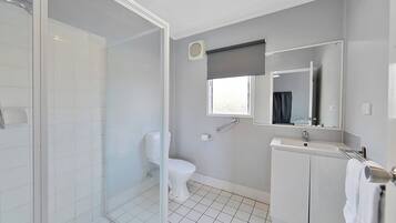 A modern bathroom with a glass shower enclosure, a toilet, a sink with a mirror, and a window with a view.