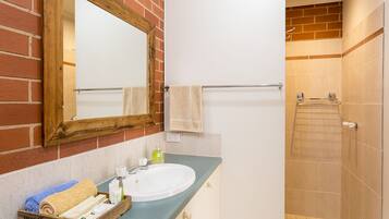 Shower, designer toiletries, hair dryer, towels