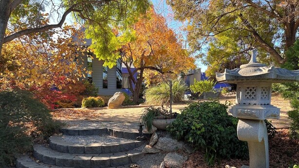 A garden with stone steps leading to a traditional stone lantern, surrounded by autumn foliage and a building in the background.