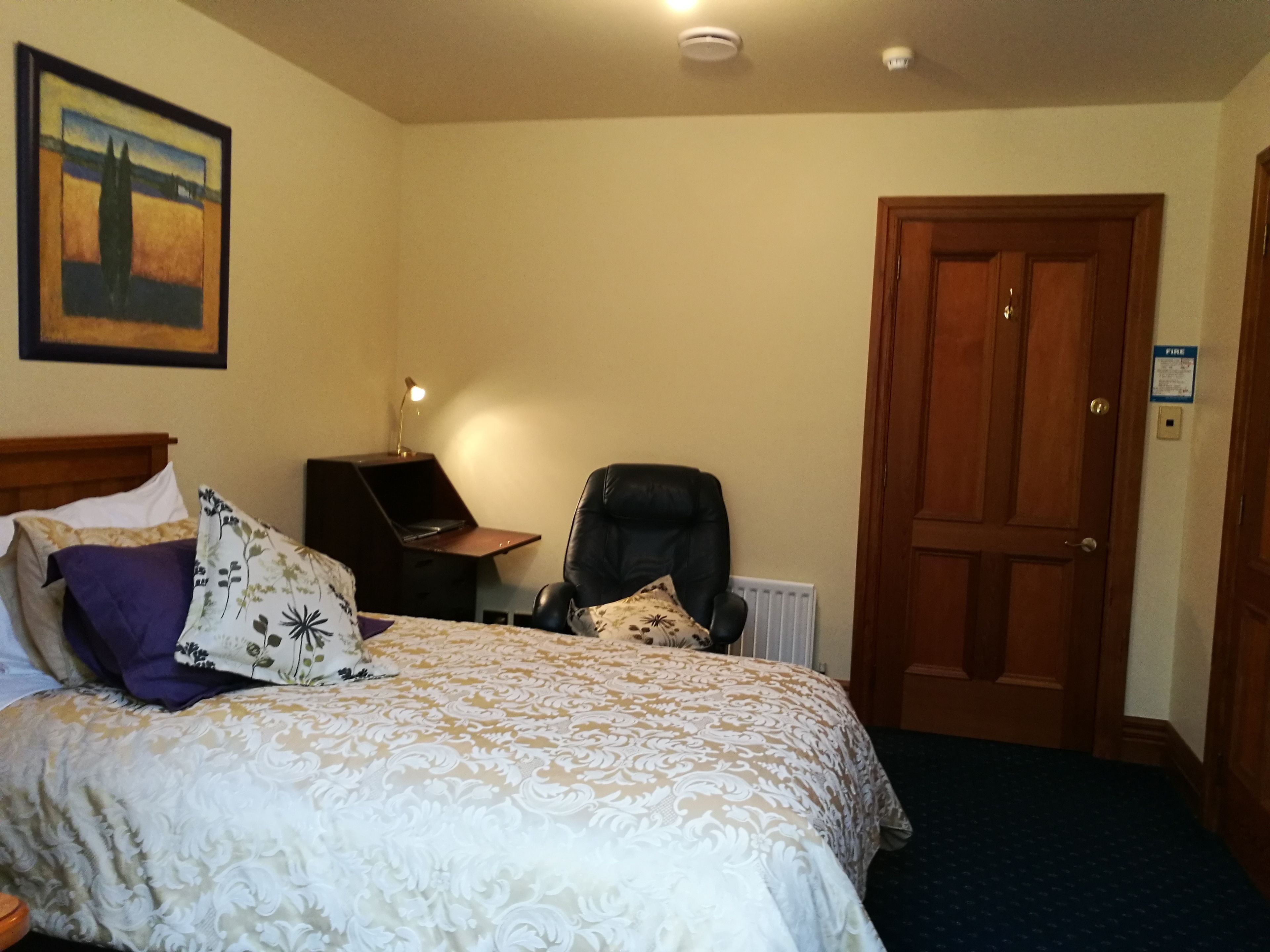 Una habitación de hotel con una cama, un escritorio, una silla, una puerta y un cuadro en la pared.