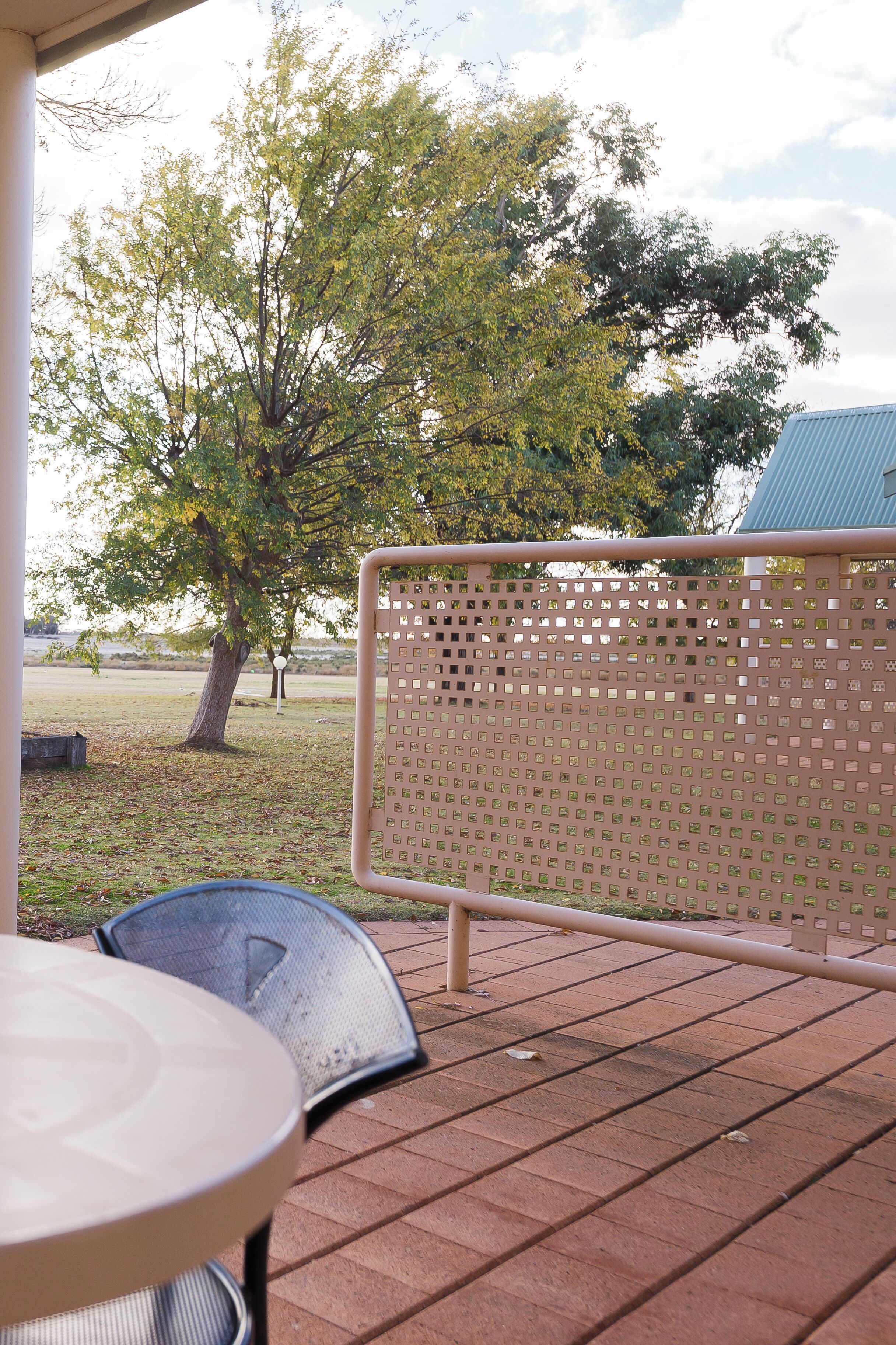 A patio with a metal table and chairs, a metal fence, and a tree in the background.