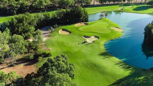 A golf course with a pond, surrounded by dense trees and open fields. - Murray Downs Resort (Murray Downs)