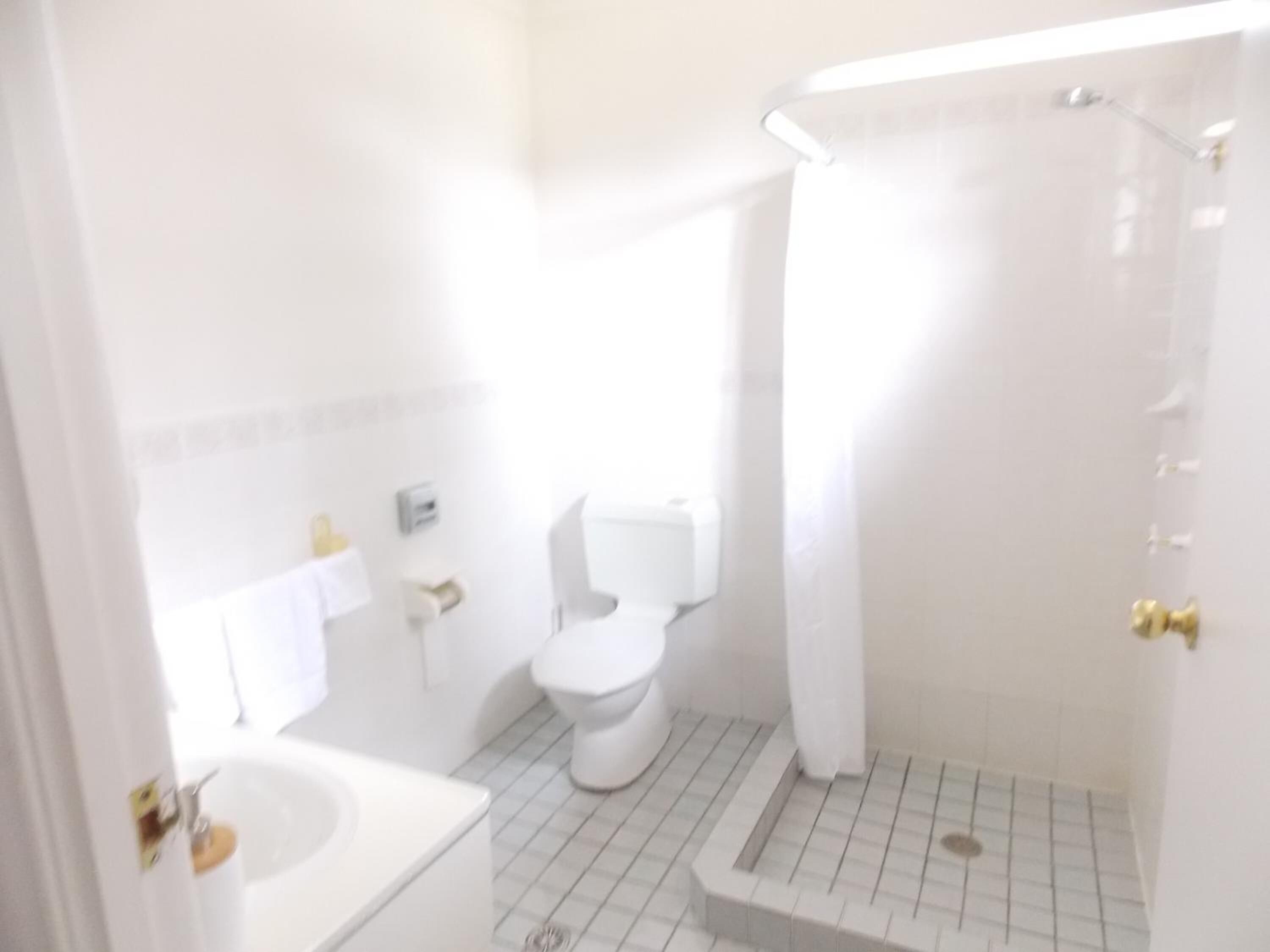 A bathroom with a bathtub, toilet, and shower area.