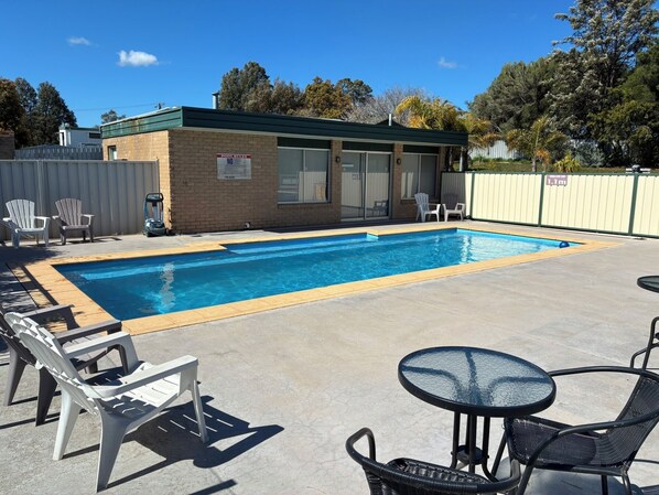 Outdoor pool, open 8 AM to 8:00 PM, sun loungers