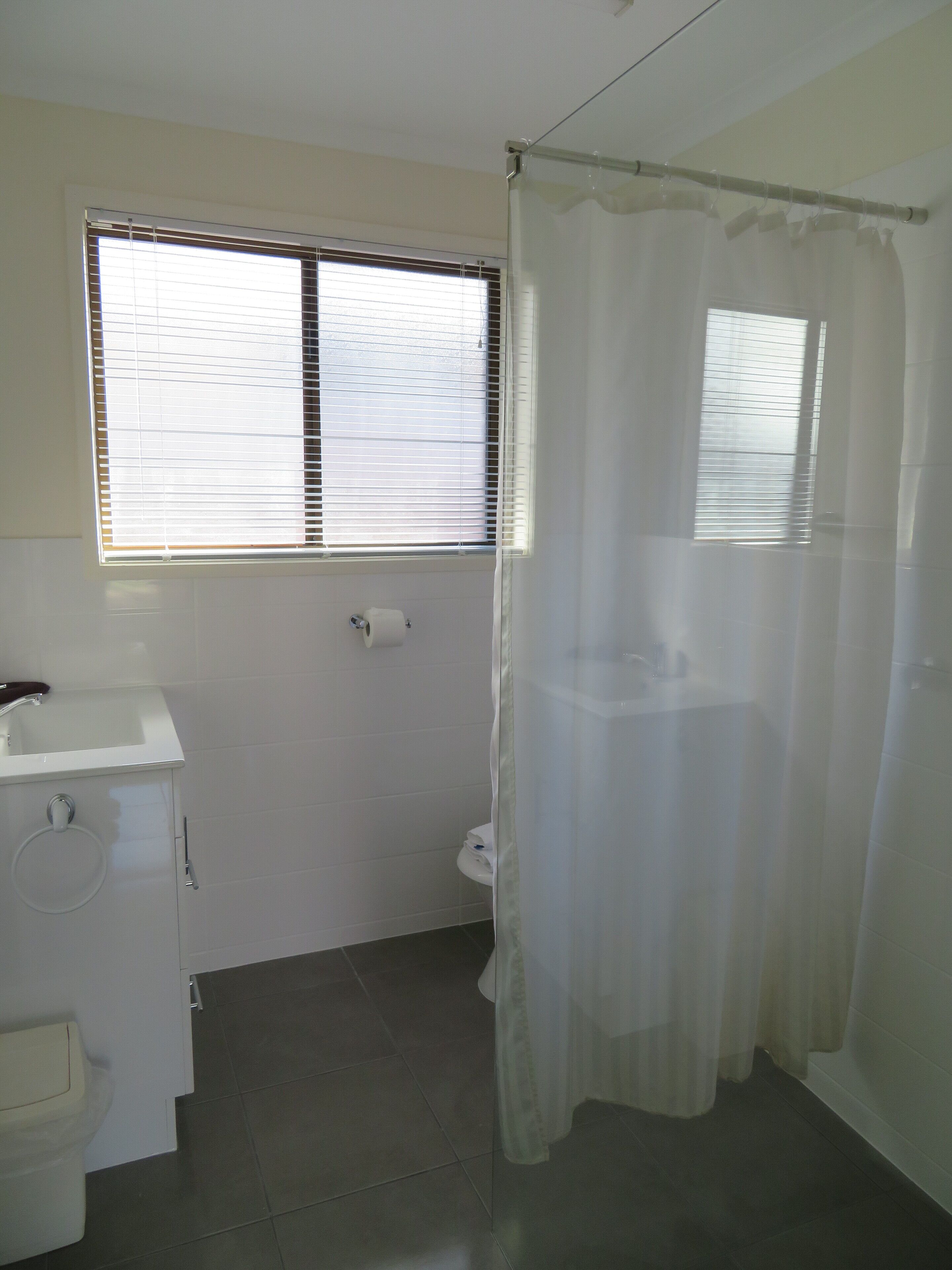 Une salle de bain équipée de toilettes, d’un lavabo et d’un rideau de douche.