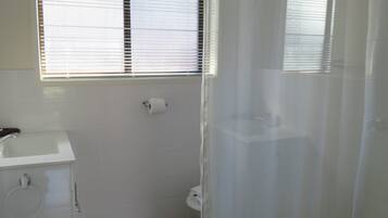 Une salle de bain équipée de toilettes, d’un lavabo et d’un rideau de douche.