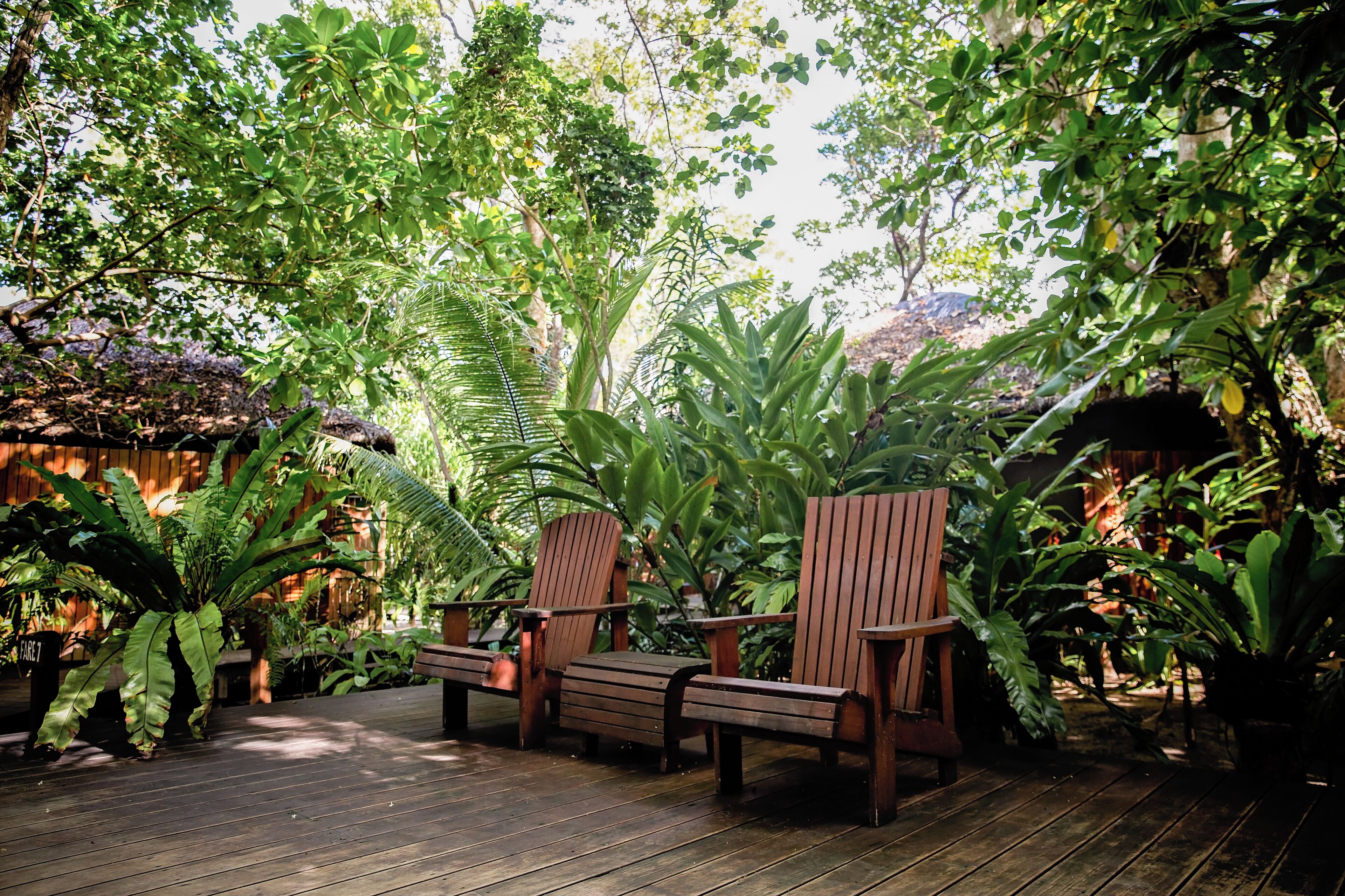 A wooden deck with three wooden chairs and lush tropical plants.