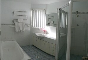 Separate tub and shower, deep soaking tub, hair dryer, towels