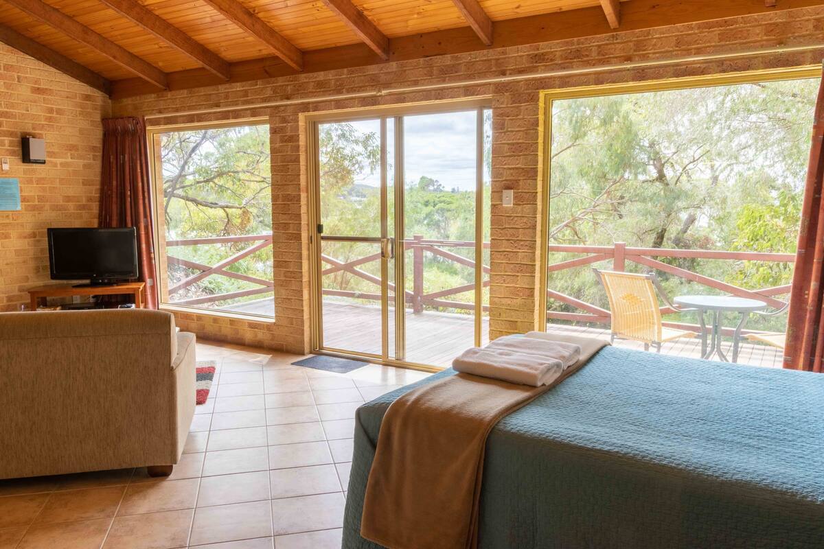 A room with a bed, a sofa, a TV, and a balcony with a view of trees.