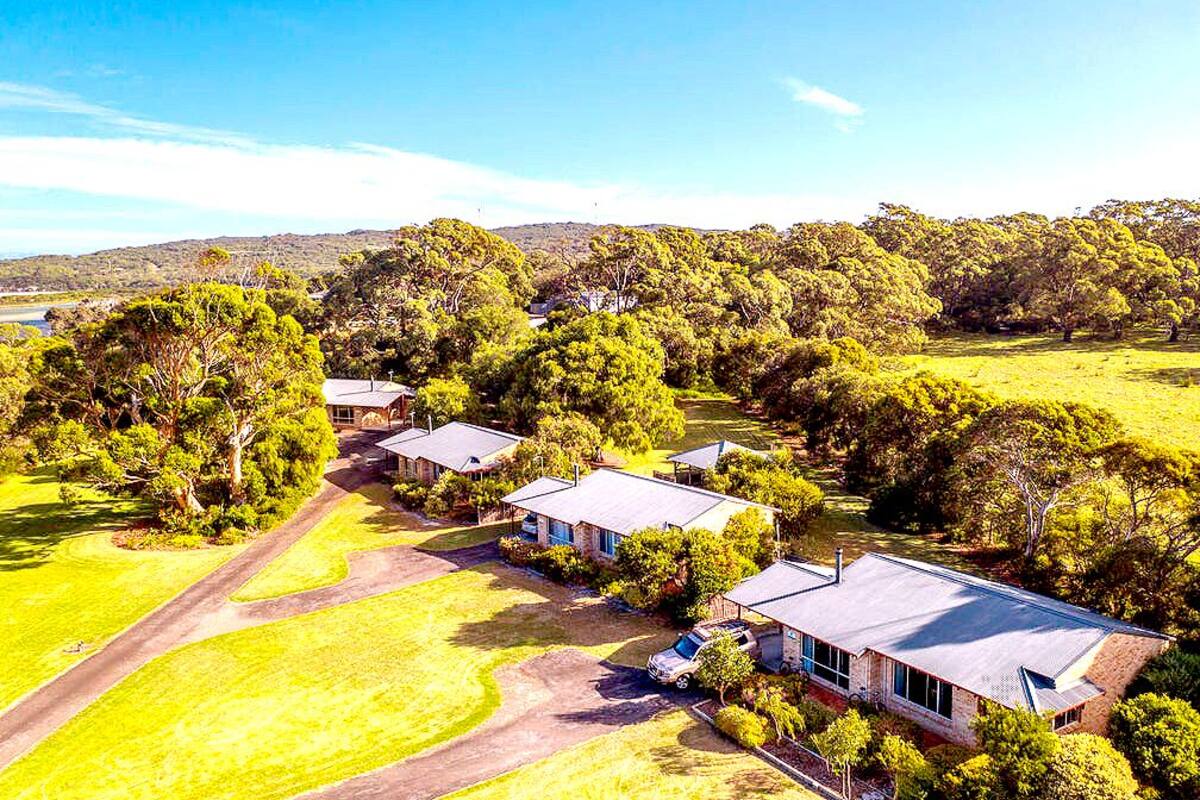 A residential area with multiple houses surrounded by lush greenery and a clear sky.