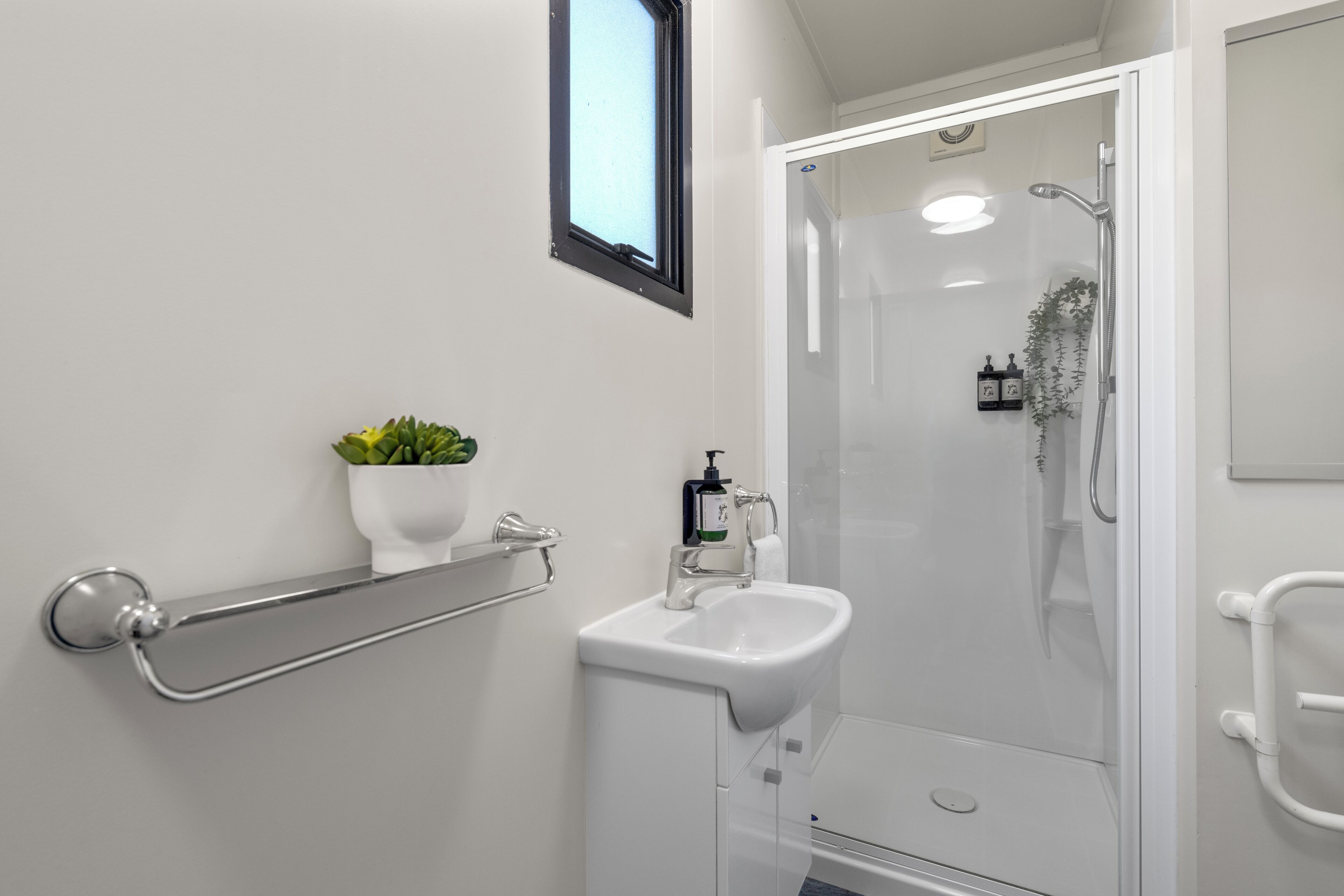 Un baño moderno con cabina de ducha de vidrio, un lavabo blanco y una pequeña planta en maceta.