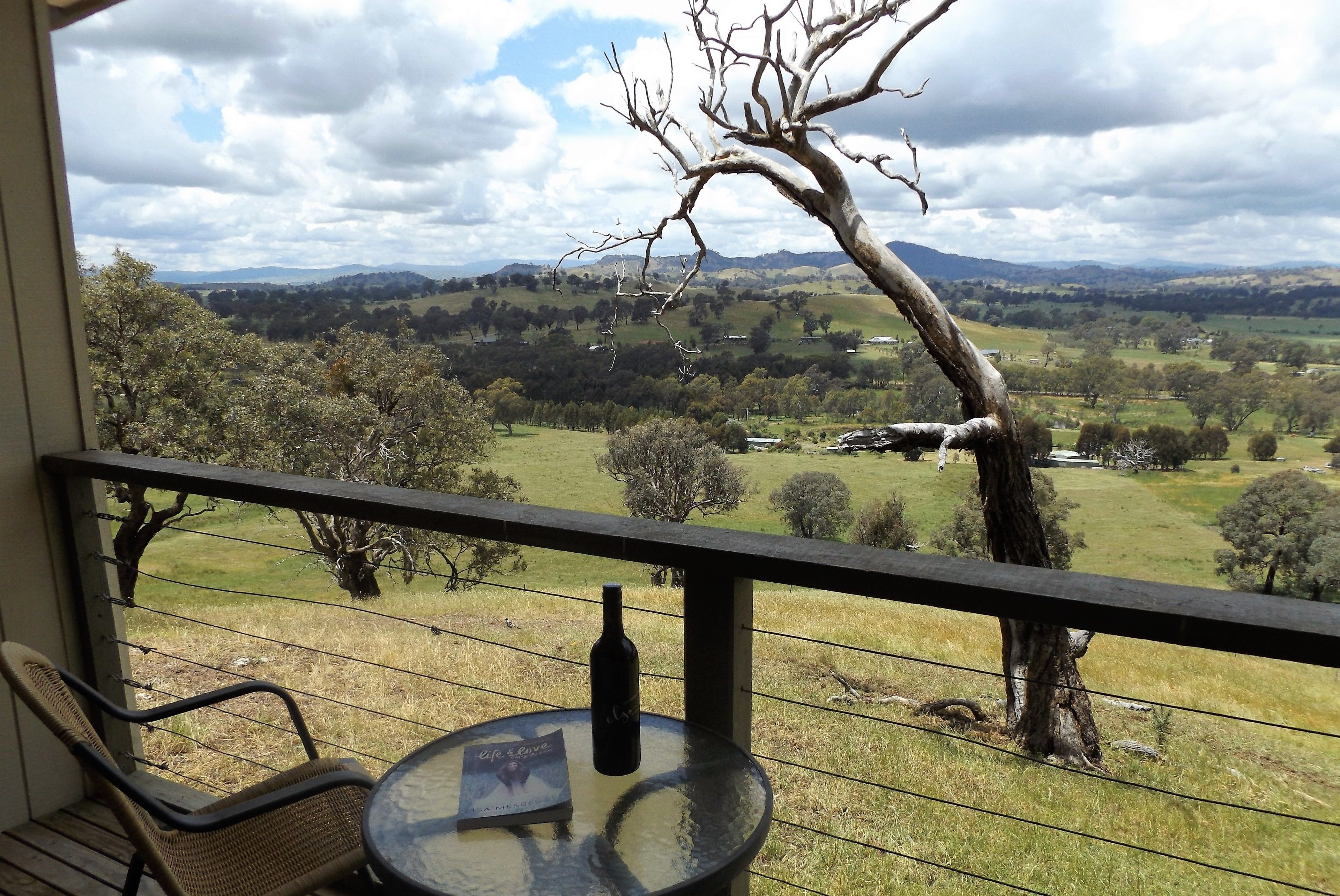 A balcony with a table, a chair, and a bottle of wine. The view includes a grassy landscape with trees and distant hills.