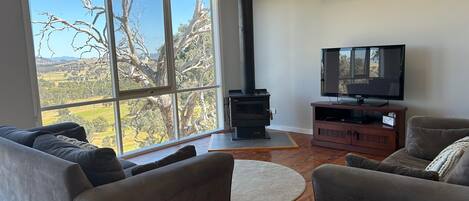 Una sala de estar con un ventanal grande, chimenea, televisor y dos sofás.