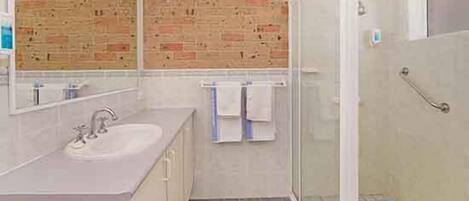 Un baño con lavabo, espejo y cabina de ducha de vidrio.