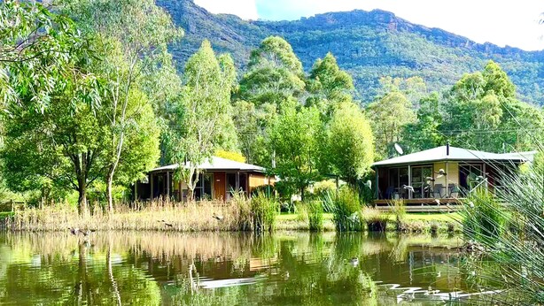 A lakeside property with two cabins, surrounded by dense greenery and a mountain backdrop.
