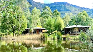 Propiedad junto al lago con dos cabañas, rodeada de abundante vegetación y con una montaña al fondo.