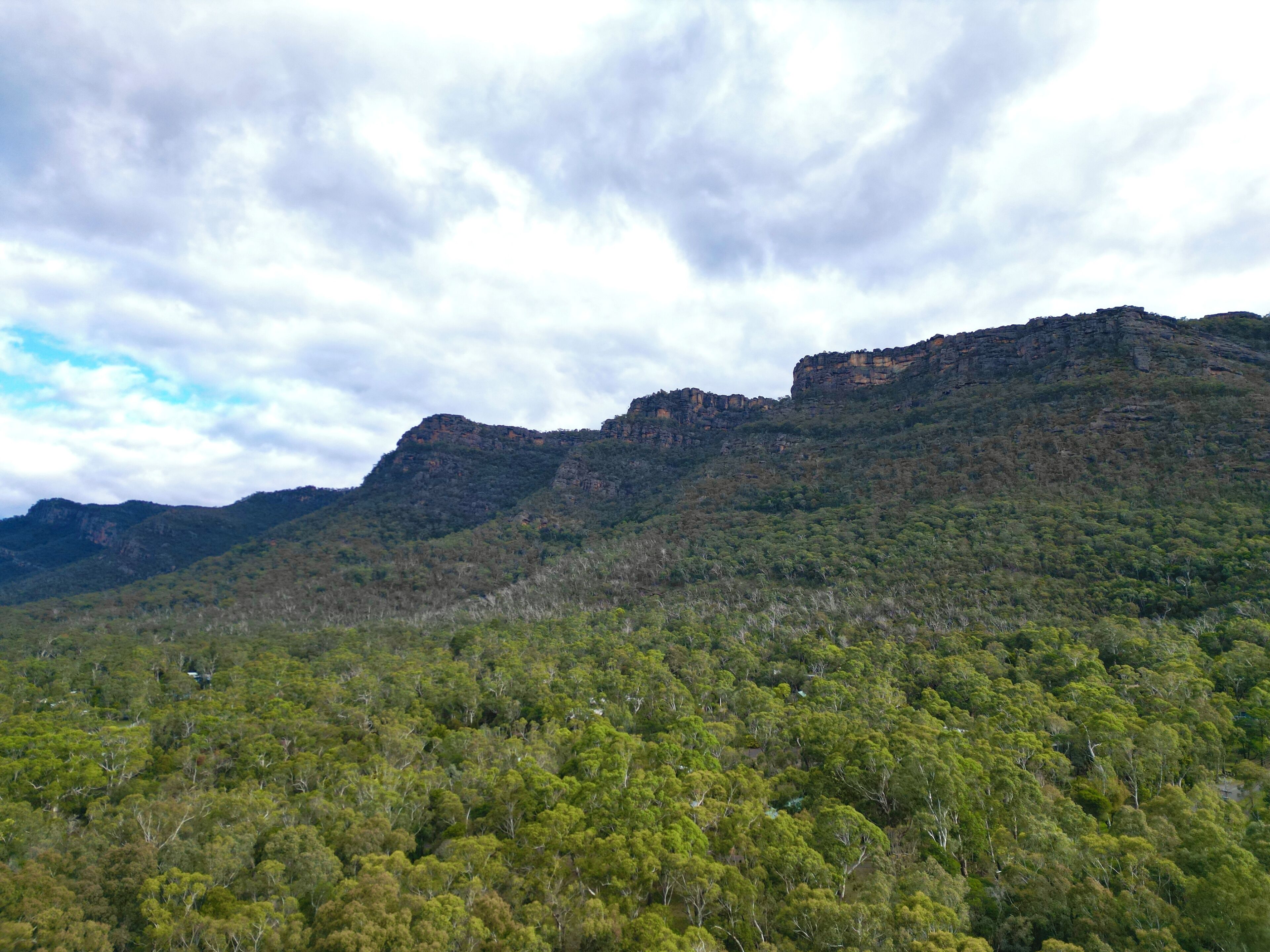 A mountainous landscape with dense forest and rocky cliffs.