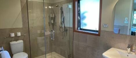A modern bathroom with a glass-enclosed shower, a toilet, and a sink.