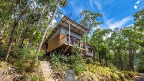 A modern house with a unique cantilevered design, surrounded by lush greenery and trees. - The Odd Frog (Bright)