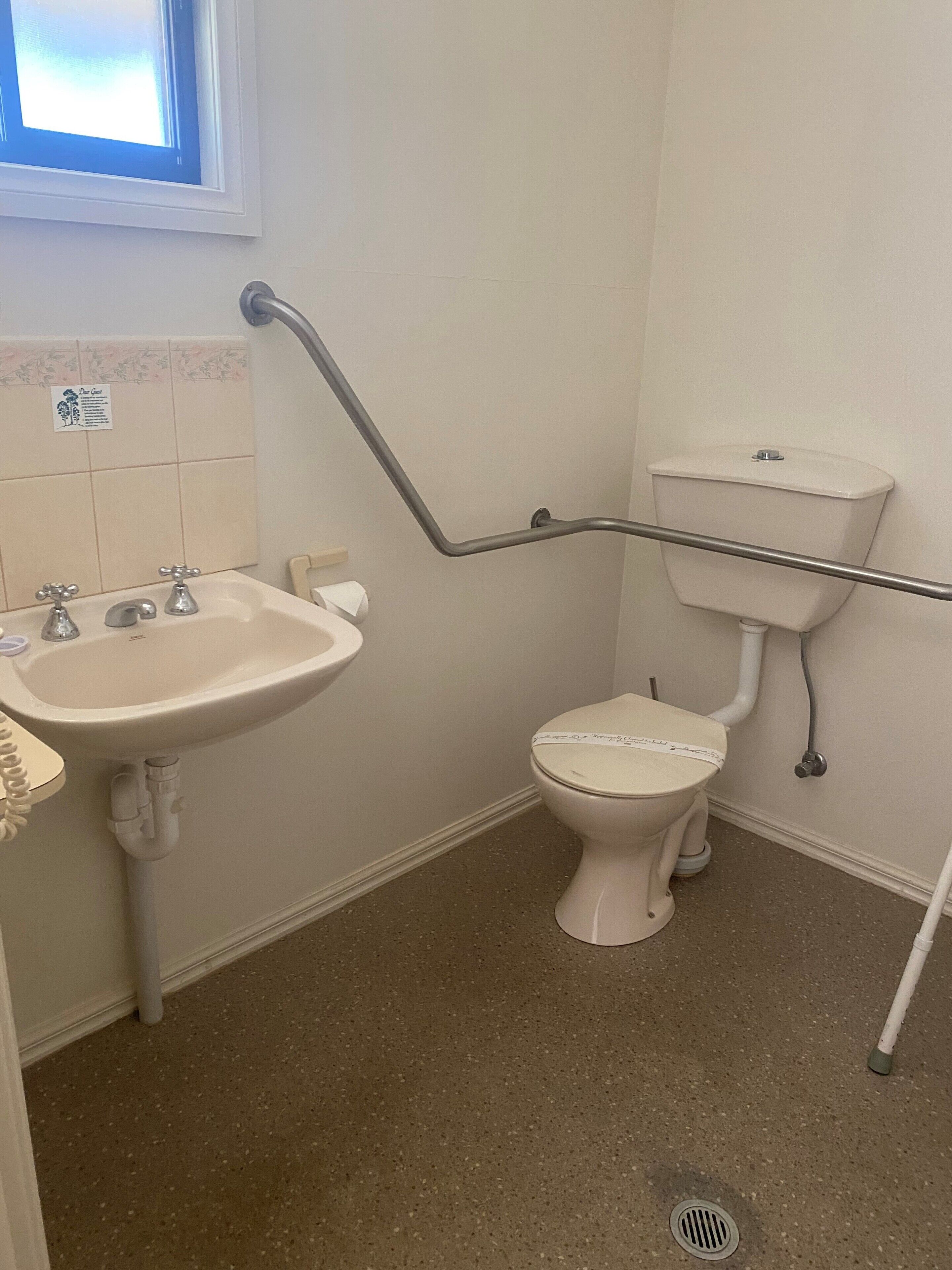 A bathroom with a toilet, sink, and grab bars.