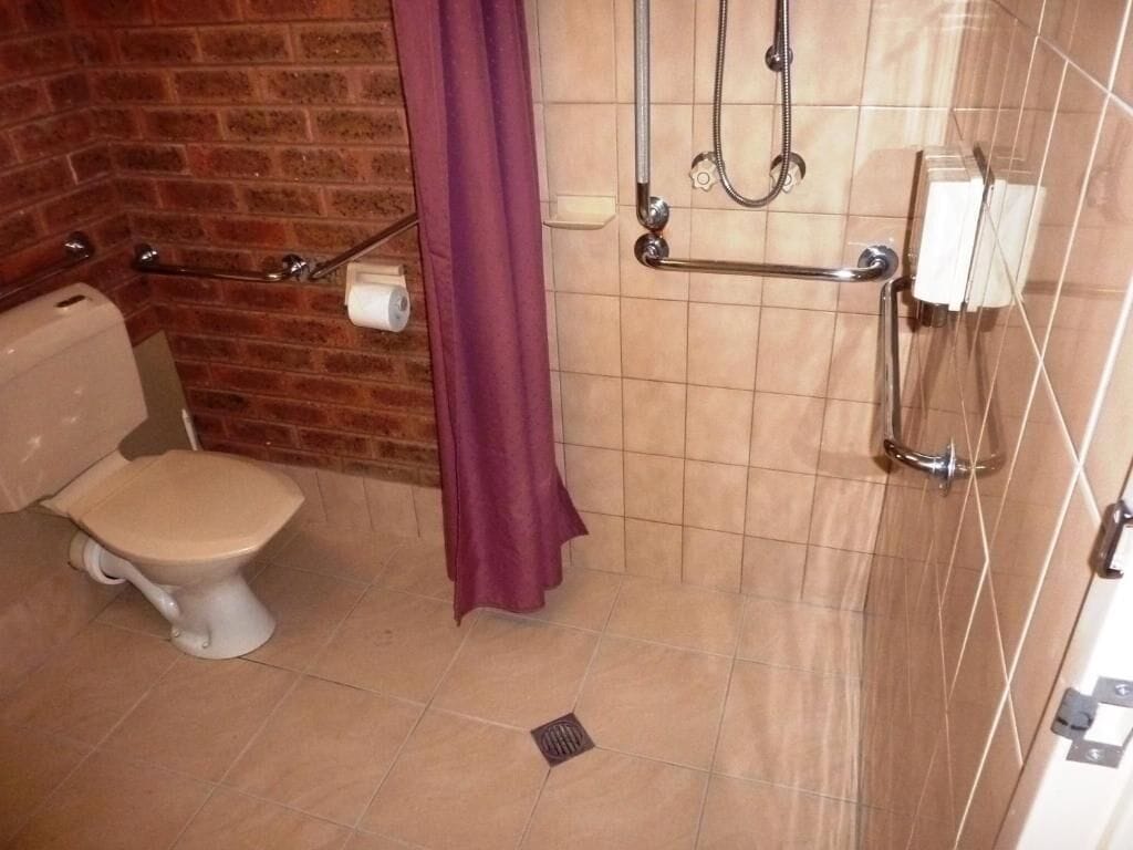 Un baño con inodoro, ducha con barras de apoyo y cortina de ducha morada.