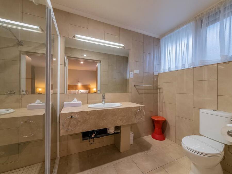 A modern bathroom with a glass shower enclosure, two sinks, a toilet, and a large mirror.