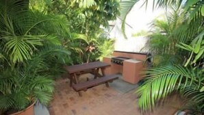 Un espace extérieur aménagé en terrasse, avec une table en bois et des bancs, entouré d’une végétation luxuriante.
