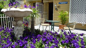 Zona de recepción con una fuente de piedra, plantas en macetas y un letrero que indica la oficina de recepción.