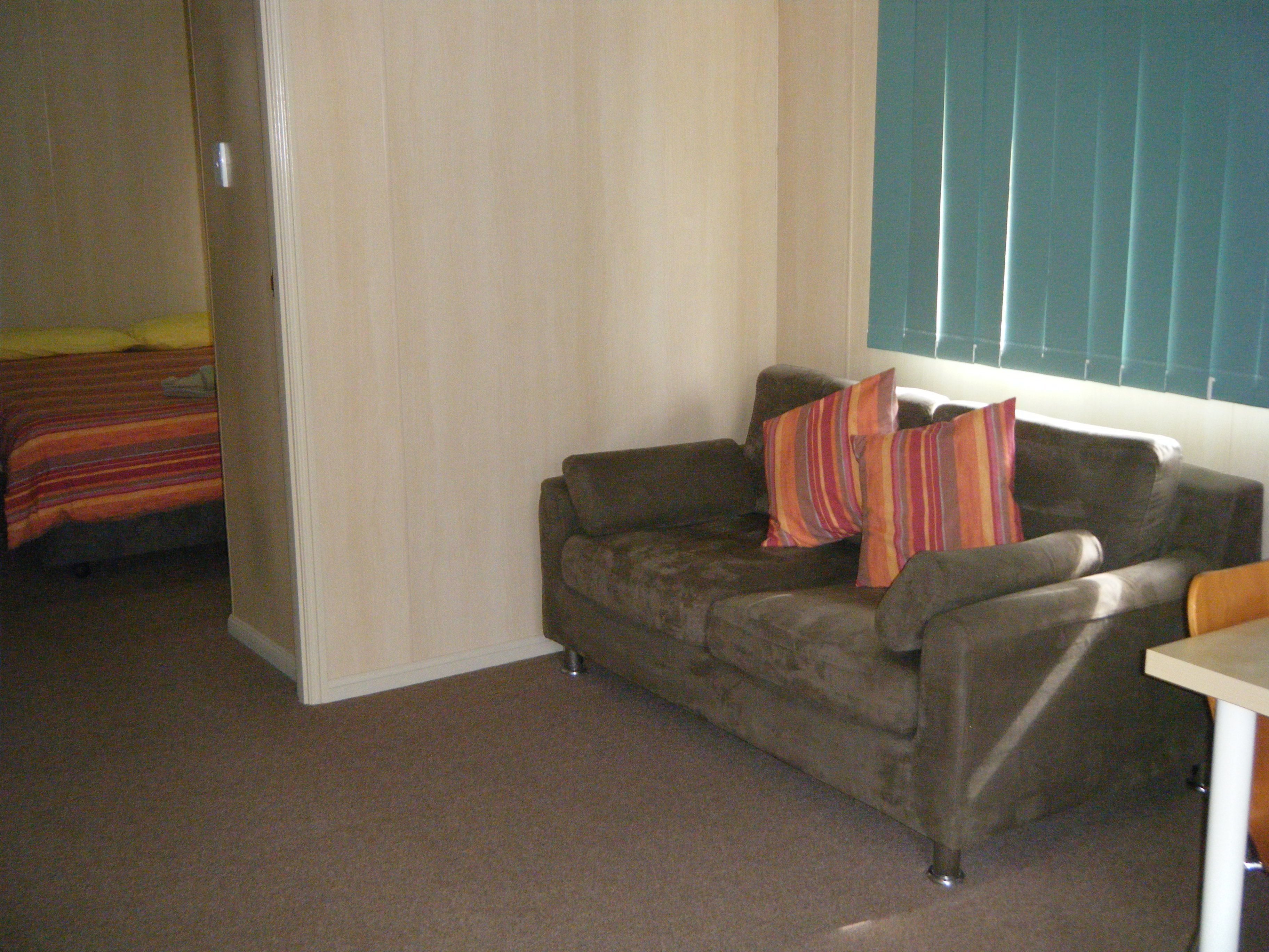 Una habitación con un sofá marrón, dos almohadas a rayas, una colcha a rayas y una ventana con persianas.