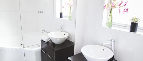 Hair dryer, towels, soap, shampoo