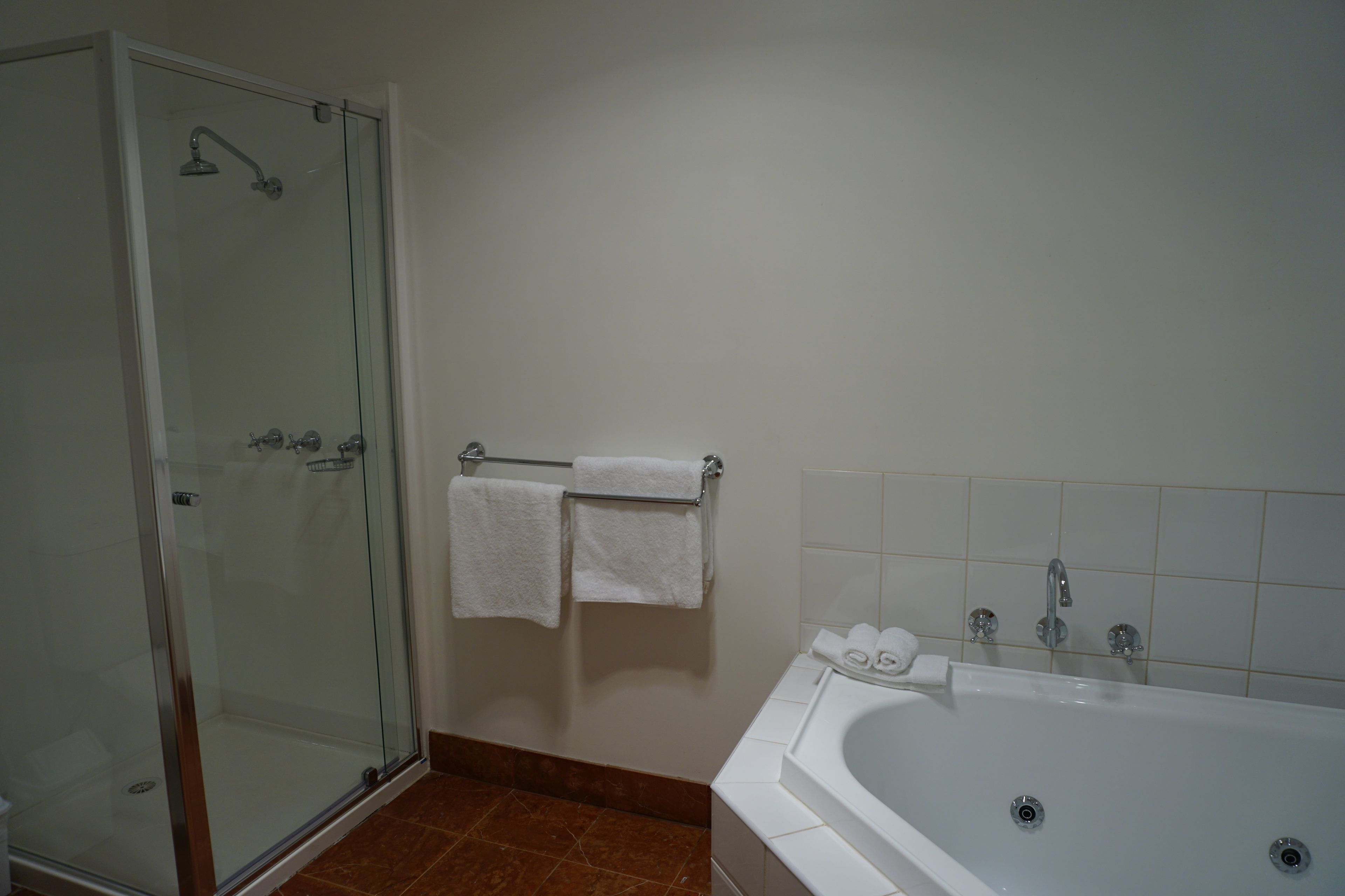 Separate tub and shower, jetted tub, free toiletries, hair dryer
