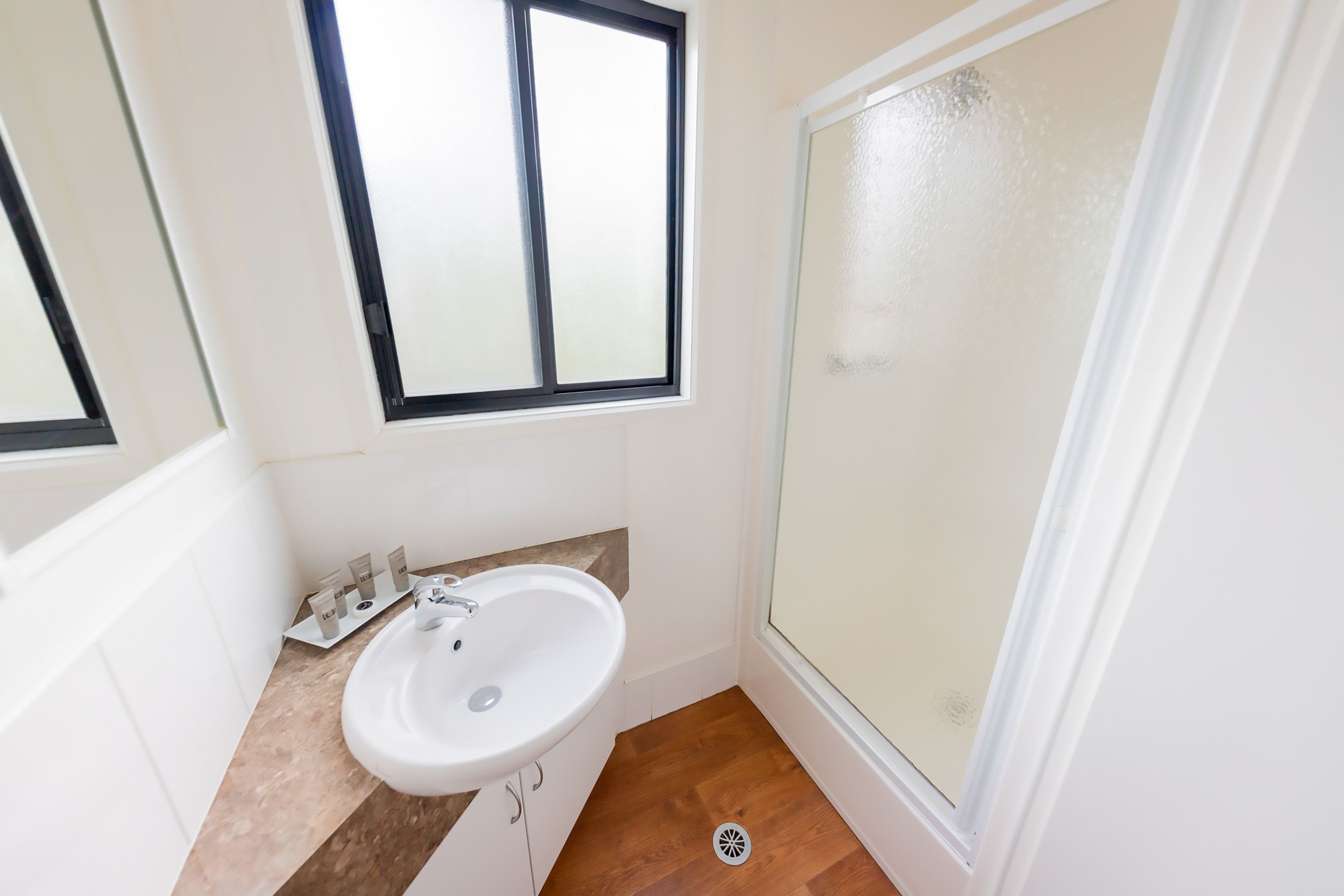 A bathroom with a white sink, a window, and a shower.