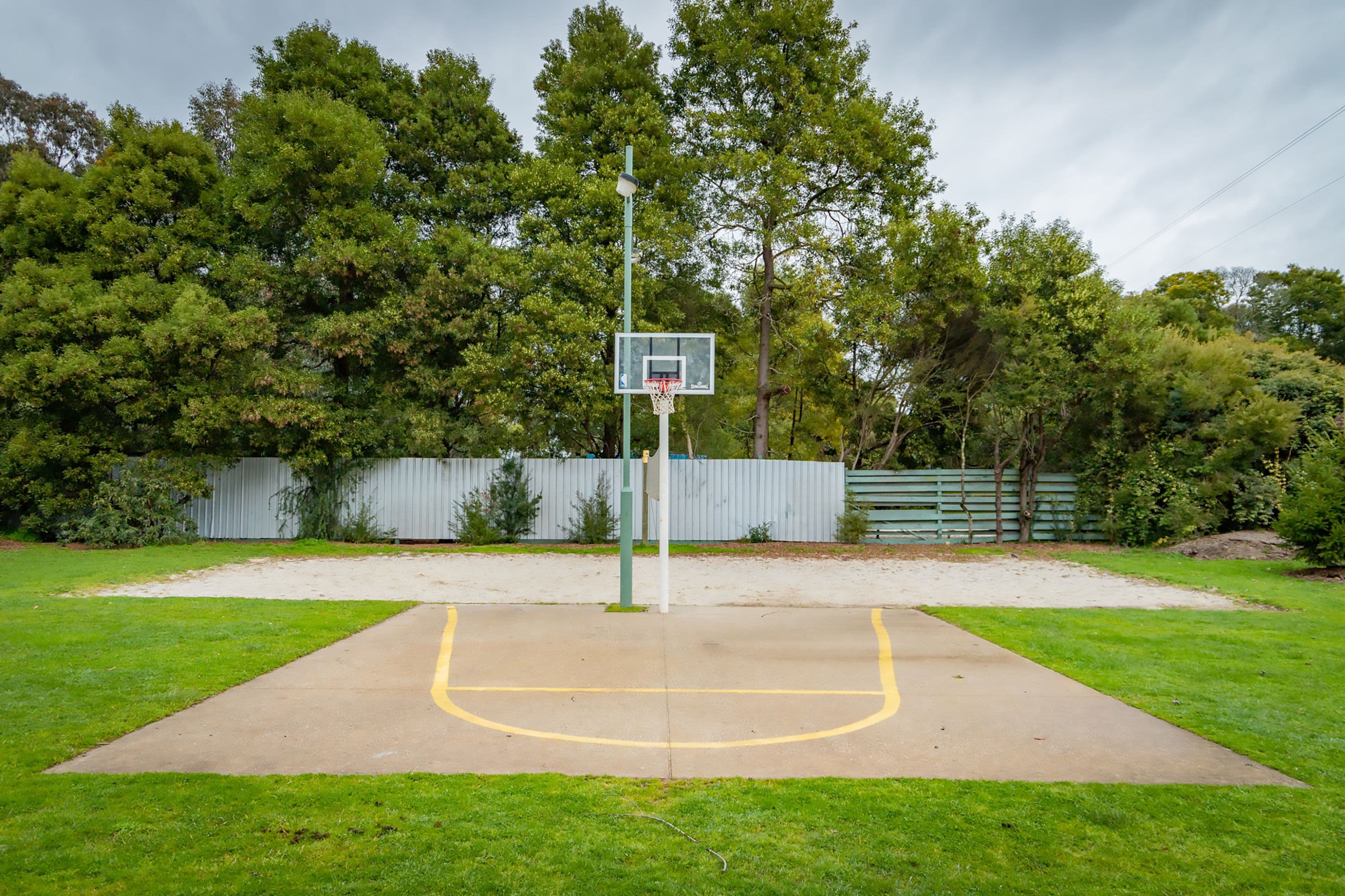 Una cancha de baloncesto con aro, rodeada de césped verde y árboles.