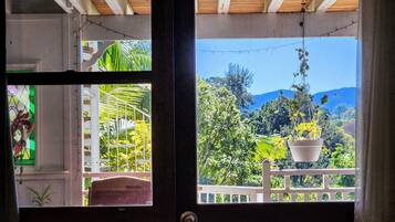 Vista a través de una puerta, con techo de madera y balcón con plantas en macetas.