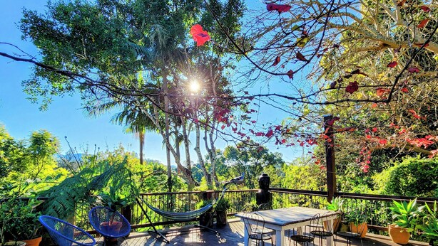 An outdoor deck with a table and chairs, surrounded by lush greenery and trees. - The Belfry Guesthouse (Bellingen)