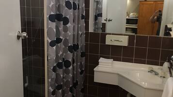 A bathroom with a shower, a sink, and a mirror.