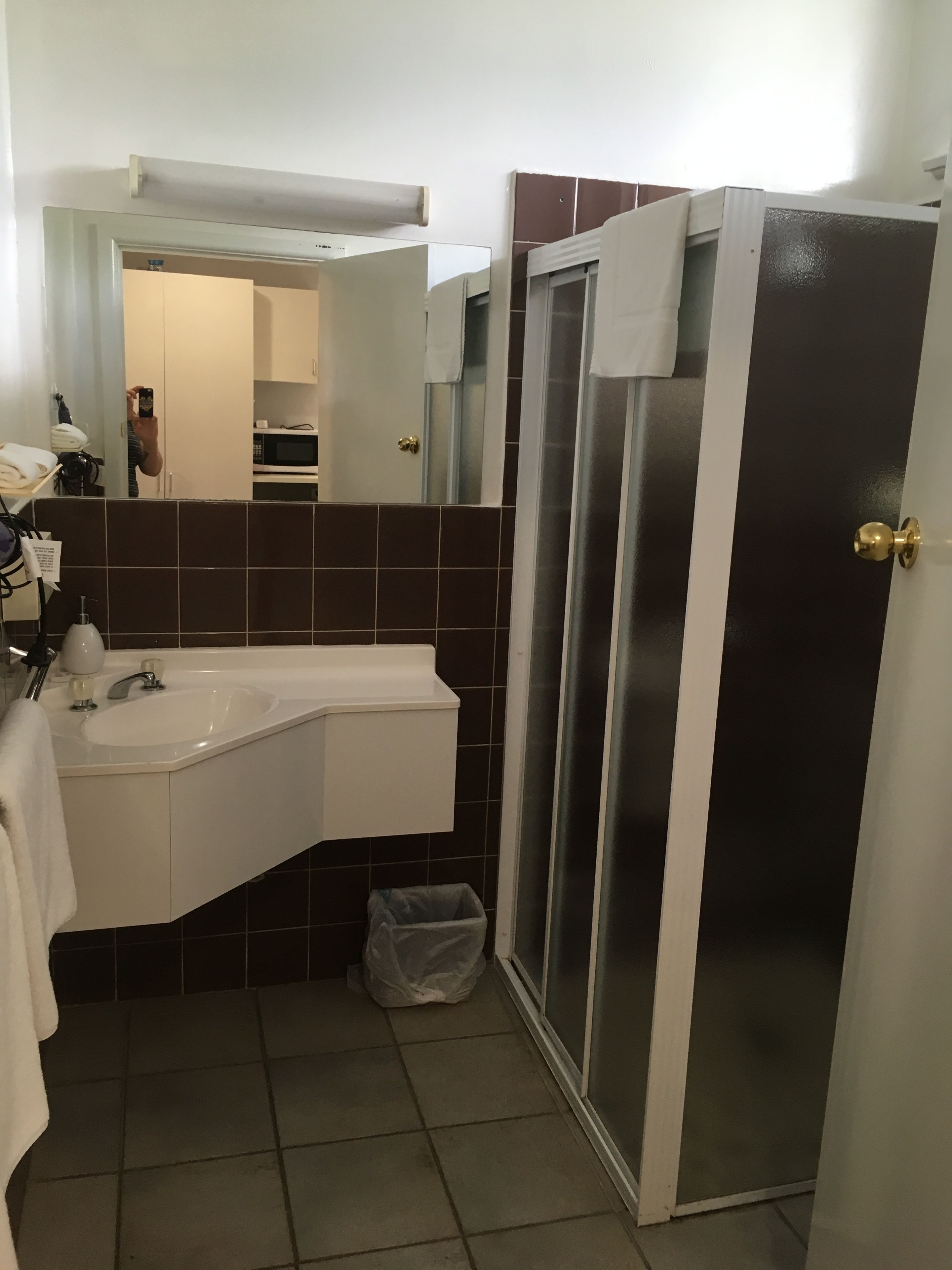 A bathroom with a white sink, a mirror, a shower enclosure, and a trash bin.