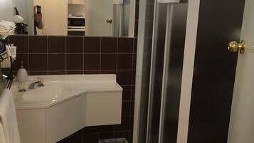 A bathroom with a white sink, a mirror, a shower enclosure, and a trash bin.