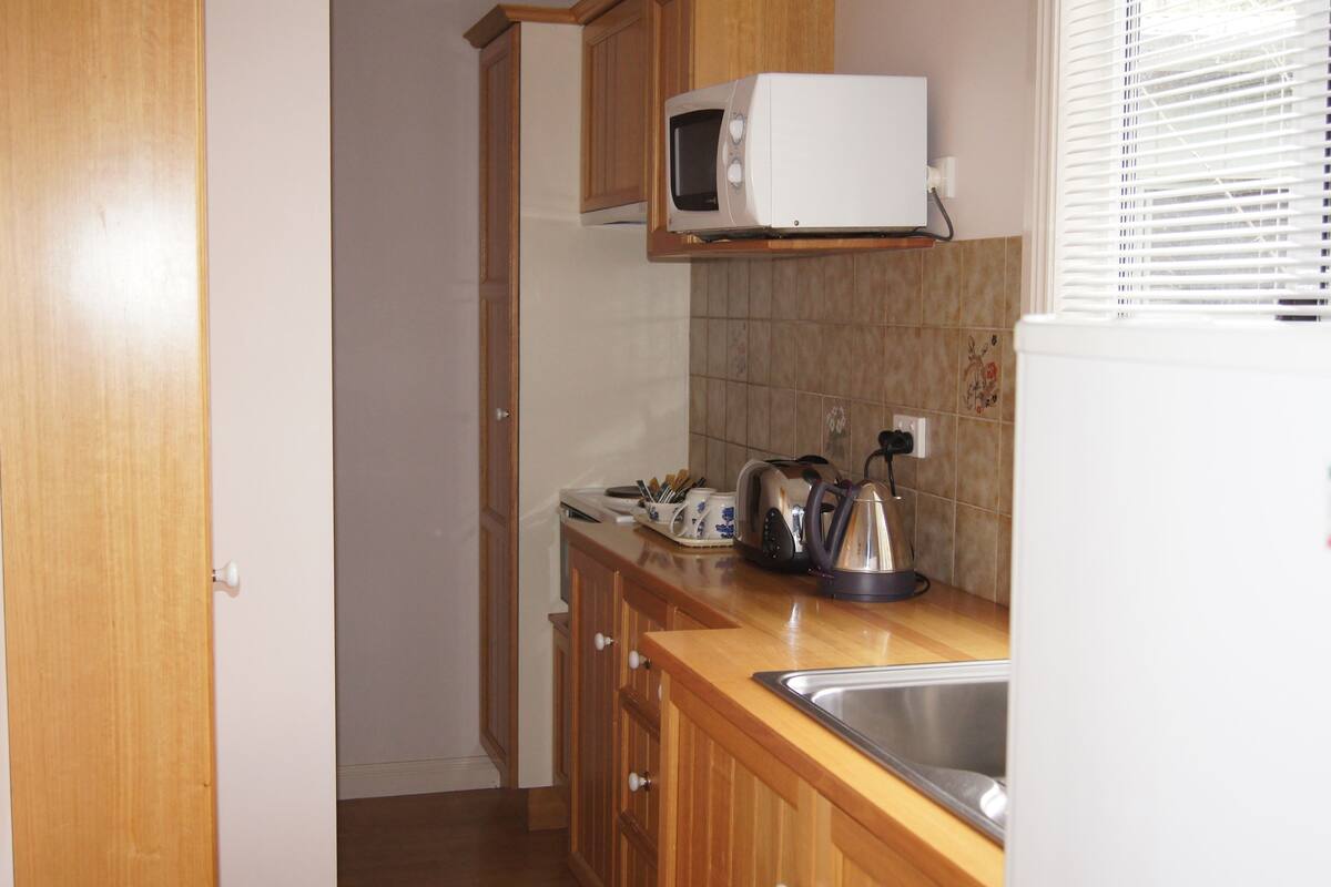 A compact kitchen with wooden cabinets, a microwave, a toaster, and a sink.