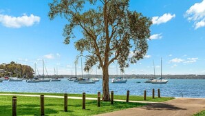 A waterfront park with a walking path, a large tree, and several sailboats on the water.
