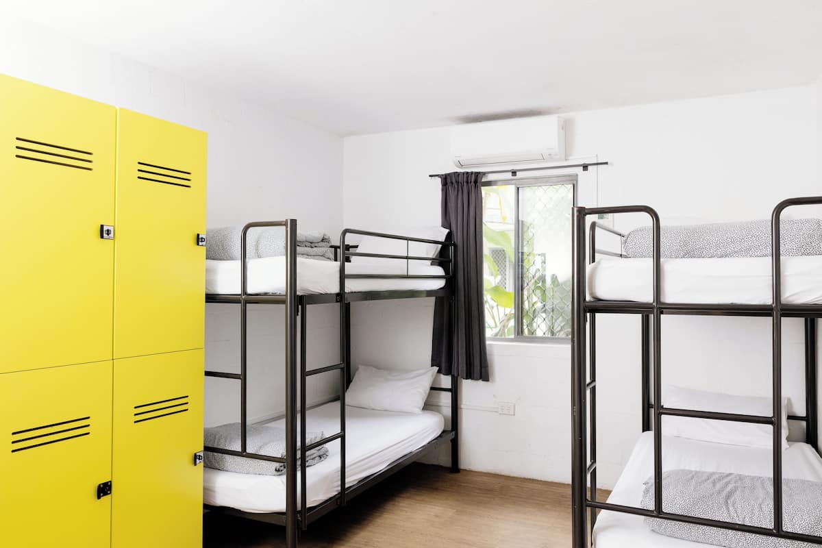 A dormitory room with bunk beds, a window with curtains, and yellow lockers.