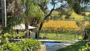 A backyard with a swimming pool, surrounded by a fence, and various trees and plants.
