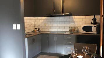 Fridge, microwave, stovetop, espresso maker