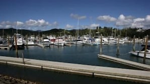 A marina with boats docked, calm water, and a rocky shoreline. - Marine Reserved Holiday Apartments (Whangamata)