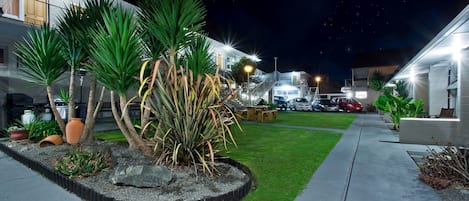 Un espacio exterior bien cuidado, con un sendero pavimentado, césped verde y diversas plantas en macetas.
